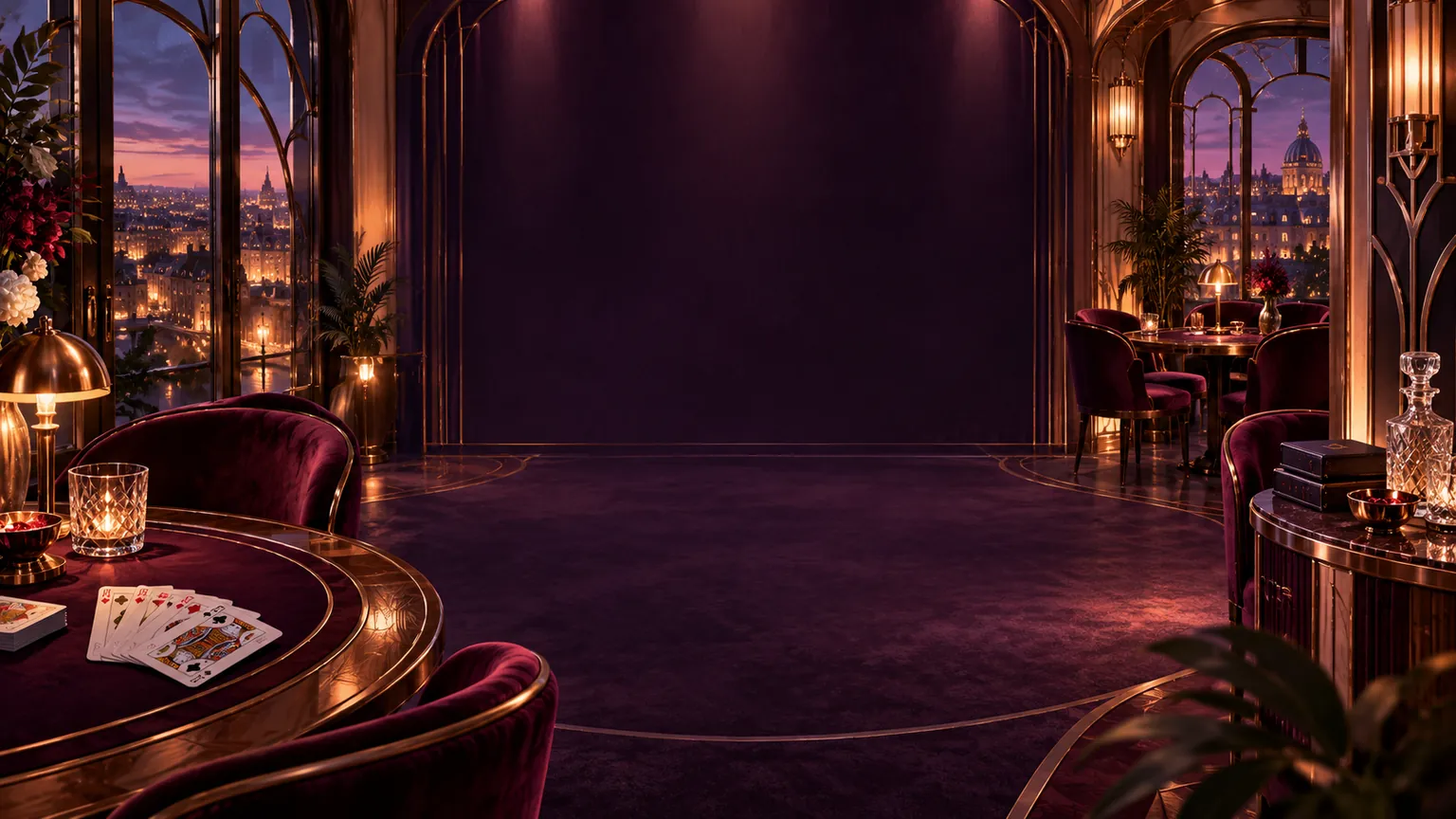 Illustrierter französischer Art-déco-Salon in Violett, Elfenbein und Kupfer mit den eigenen französischen Spielkarten von BeloteCard