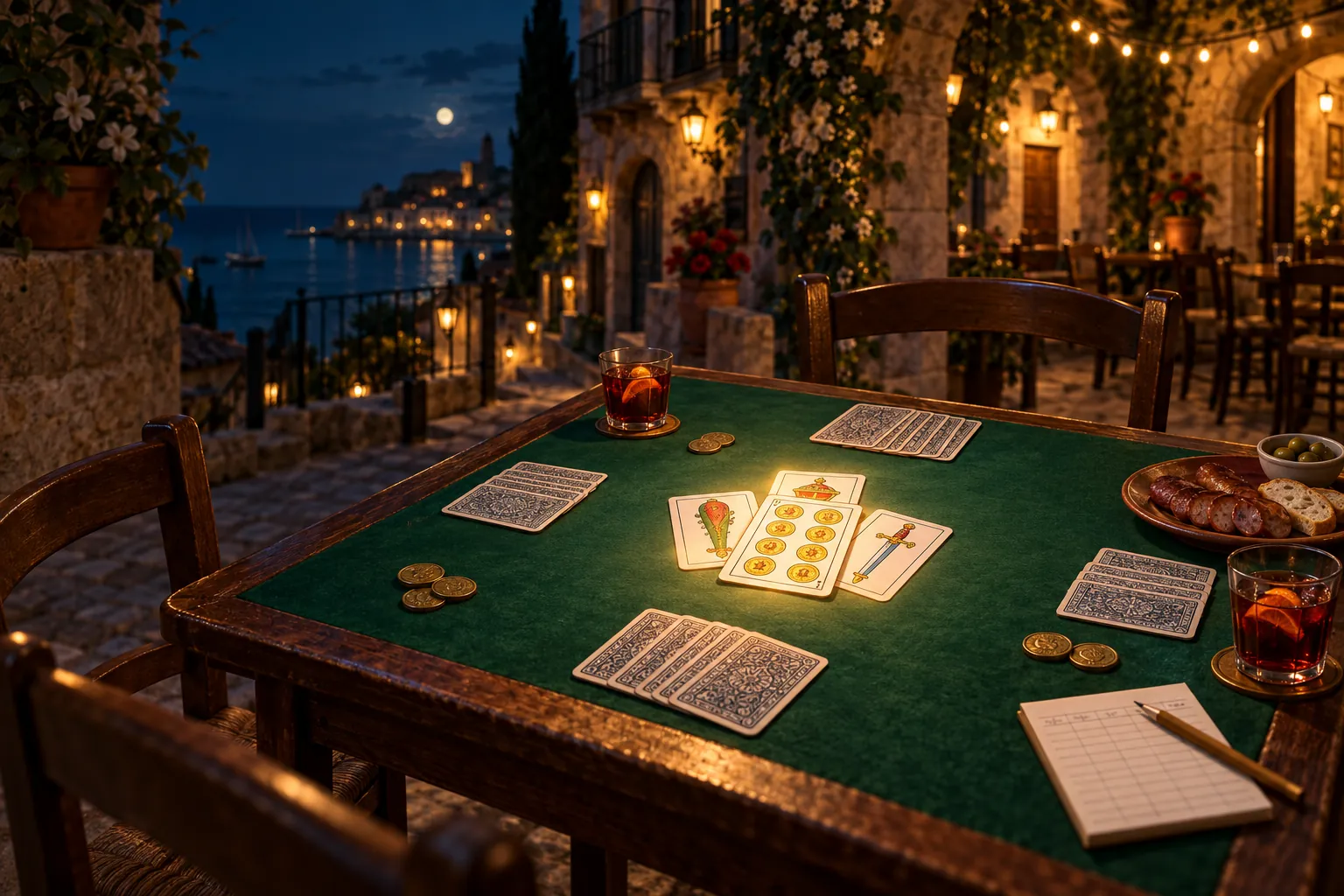 Una taula de cartes a la terrassa d’un cafè mediterrani de nit, amb una basa de cartes espanyoles al centre i el nou d’ors il·luminat