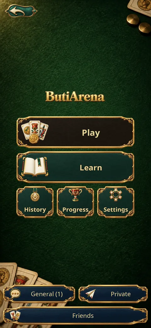 La pantalla d'inici del ButiArena: Juga, Aprèn, Historial, Progrés i Configuració