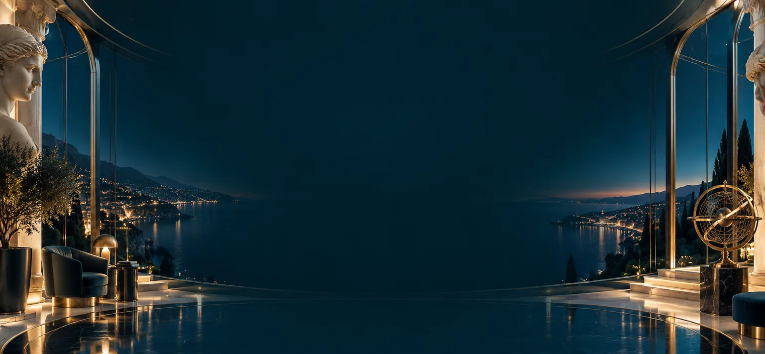 Originalillustration von CoincheCard: ein französischer Kartentisch an der nächtlichen Riviera in tiefem Blau und warmem Messing