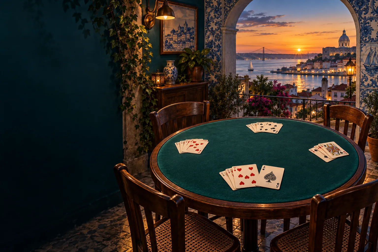 A Sueca table in a Portuguese café, with teal felt, French playing cards and an azulejo arch at sunset